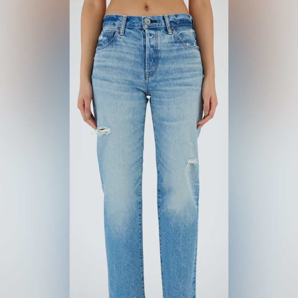 Moussy Light Blue Distressed Straight Leg Jeans - Colemant Straight